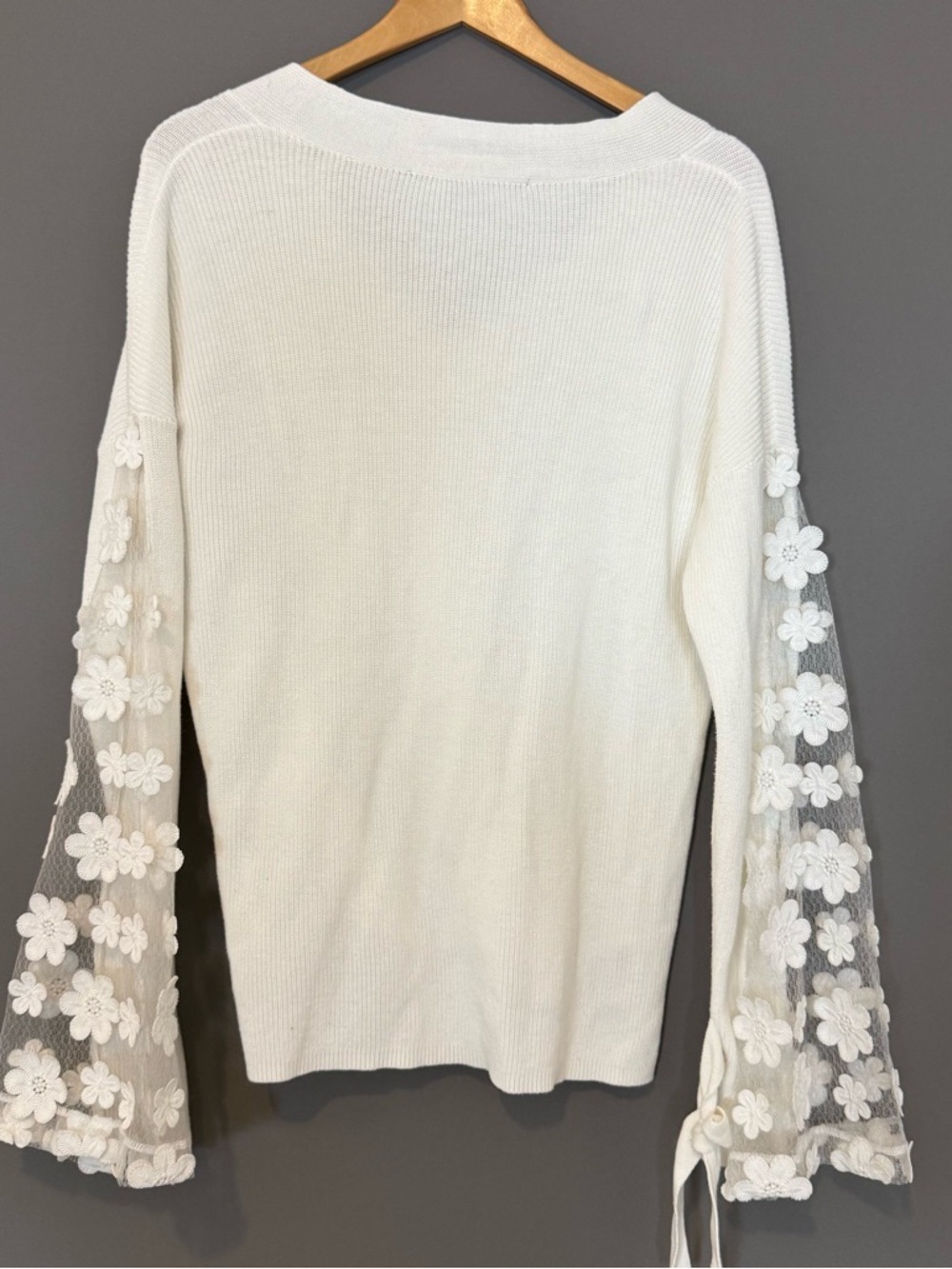 French Connection Caballo Lace Sleeve Sweater Ivory Small Boho Romantic - Picture 3 of 9